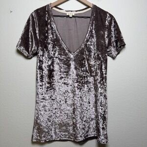 POL Women Crushed Velvet Top Small Tan V-Neck Pocket Short Sleeve Indie Sleaze